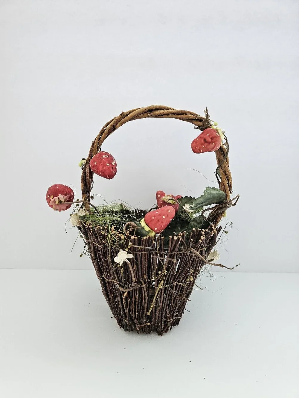 Rustic Cottagecore Strawberry Twig Basket Grapevine Handle Woodland Decor